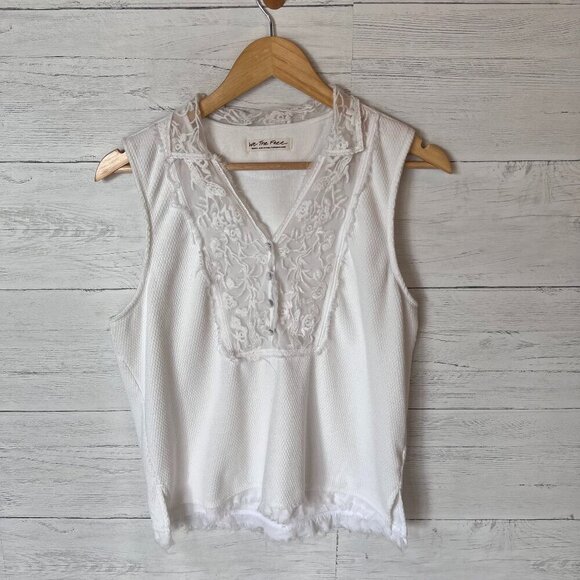 We the Free Tank Top Womens Size Small White Floral Lace Embroidery Waffle Knit - Picture 1 of 16
